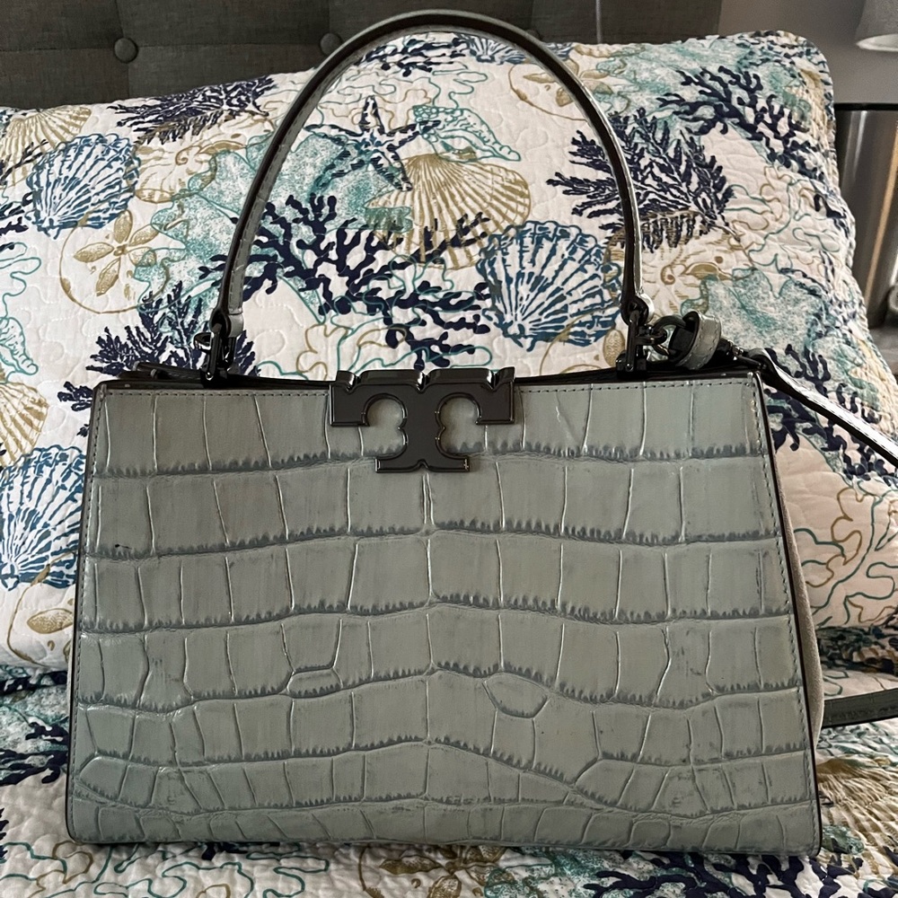Tory Burch Blue Green Croc-Embossed Satchel Crossbody Bag